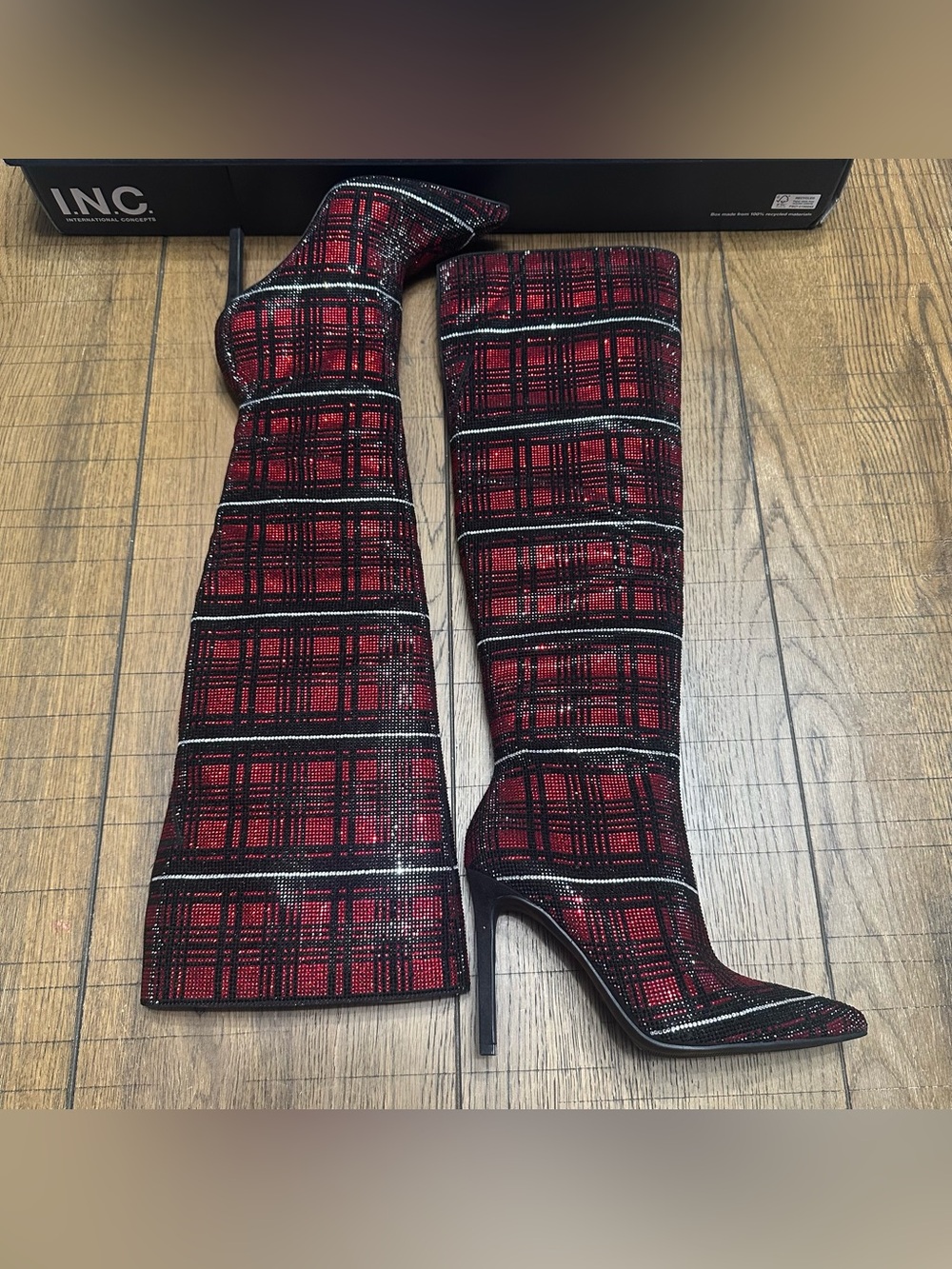 INC Saveria Red Plaid Rhinestone Over-The-Knee Stiletto Boots 6.5